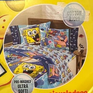 NWT SPONGEBOB SQUAREPANTS TWIN 3 PC SHEET SET FLAT FITTED & PILLOW CASE NEW HTF